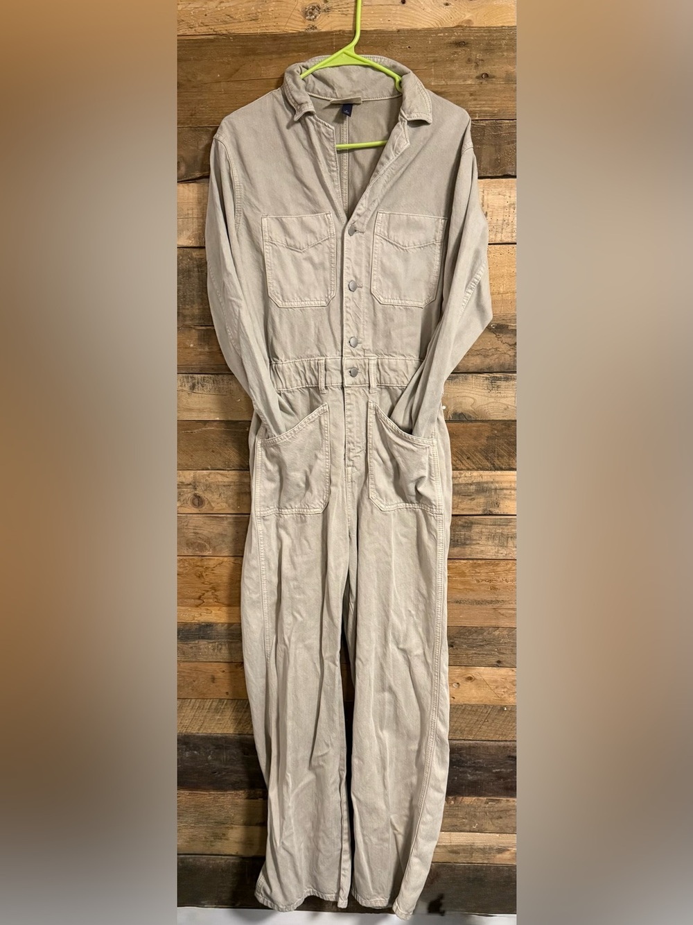 Beige Denim Jumpsuit with Button Front - Picture 2 of 5